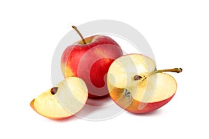 Red ripe apple with fresh sliced apple piece isolated on white