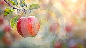 Red ripe apples hang on a branch in an apple orchard