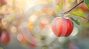 Red ripe apples hang on a branch in an apple orchard