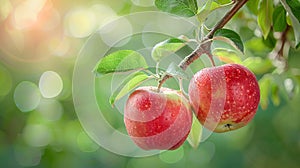 Red ripe apples hang on a branch in an apple orchard