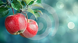 Red ripe apples hang on a branch in an apple orchard