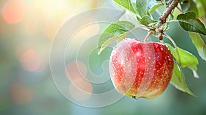 Red ripe apples hang on a branch in an apple orchard