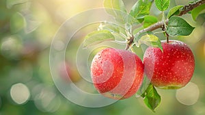 Red ripe apples hang on a branch in an apple orchard