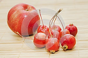 Red ripe apples Malus â€˜Ranetka` on wooden background. Big and small apples are near, a comparison