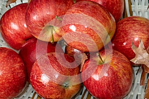 Red ripe apples ranet in a basket closeup. photo