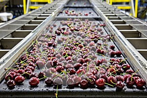 Red ripe cherries on a wet conveyor belt in a packing warehouse