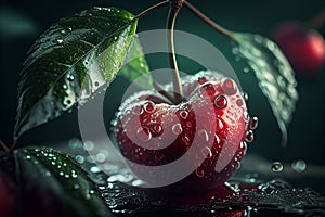 Red ripe cherry in water drops