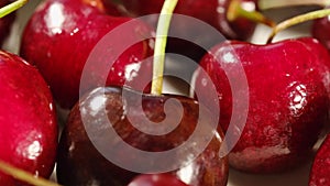 red ripe juicy cherries lie shot close-up