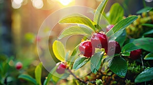 Red ripe lingonberry on natural forest background. copy space