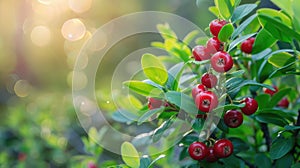 Red ripe lingonberry on natural forest background. copy space