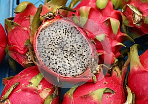 Red ripe pitaya or pitahaya dragon fruit close up