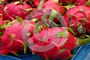 Red ripe pitaya or pitahaya dragon fruit close up