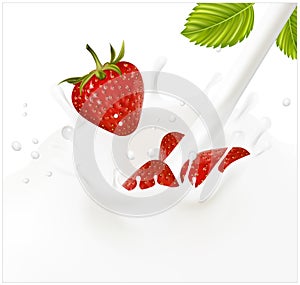 Red ripe strawberry falling into the milky splash