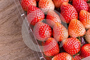 Red ripe strawberry in plastic box of packaging