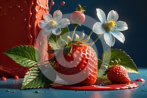 red ripe strawberry spring on a blue background