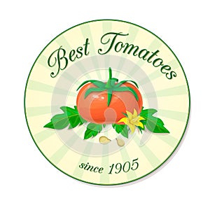 Red ripe tomato with leaves composition. round label illustration of tomato fruit with green leaves and yellow flower in retro