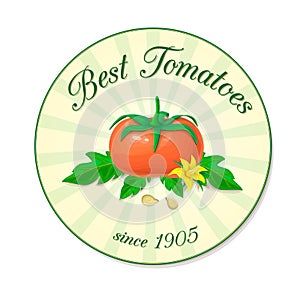 Red ripe tomato with leaves composition. Vector round label illustration of tomato fruit with green leaves and yellow