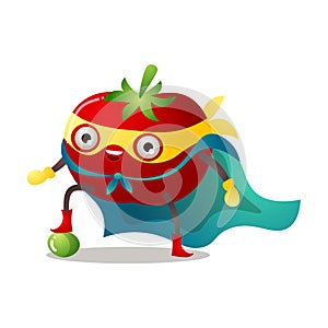 Red ripe tomato in traditional costume of superhero vector illustration