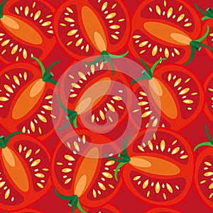 Red ripe tomatoes cut into slices. Bright scarlet seamless pattern. Vector illustration for advertising, packaging, market