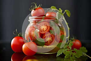 Red ripe tomatoes in a jar, preservation, AI image.