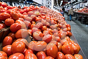 Red ripe tomatoes in a market for sale.