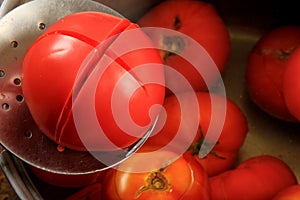 Red ripe tomatoes in a pot of hot water. Boiled Tomatoes