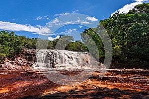 Red river flows into a waterfall at Presidente Figueiredo near Manaus, Amazon in Brazil, South America photo