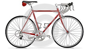 Red road bicycle with a sleek frame, drop handlebars, and dual water bottle holders on a white background