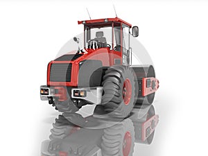 Red road vibratory roller rear view 3D rendering on white background with shadow