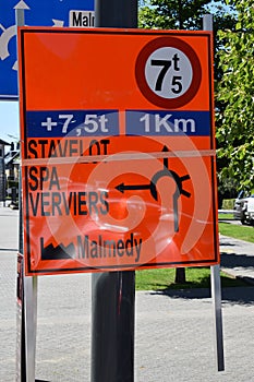 red road works traffic circle road sign to Stavelot, Spa and Verviers