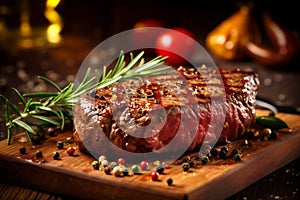 red roast raw grill beef fried meat dark background steak food. Generative AI.