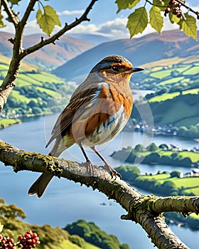 Red Robin bird on oak tree branch with stunning Lake District background