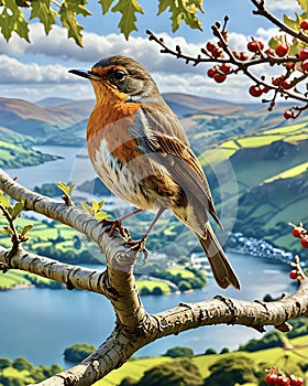 Red Robin bird on oak tree branch with stunning Lake District background