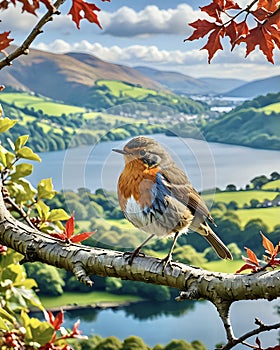 Red Robin bird on oak tree branch with stunning Lake District background