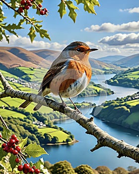 Red Robin bird on oak tree branch with stunning Lake District background