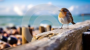 Red Robin On Old Pier: A Soft-focus Winter Beach Wallpaper