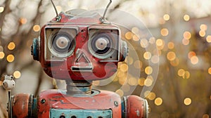 A red robot with a big eye and antennae standing in front of some lights, AI photo
