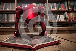 Red robot reading a book in the library, artificial intelligence, future concept.