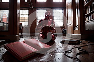 Red robot reading a book in the library, artificial intelligence, future concept.