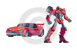 Red robot transformer and car, cartoon illustration