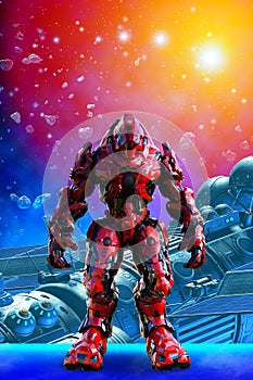 Red robot Warrior, metallic armor, White background, 3d illustration