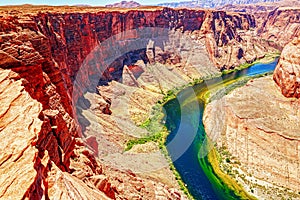 Red rock canyon road panoramic view. Horse Shoe Bend on Colorado River. Extreme vacations outdoor. Sunset in Canyon.