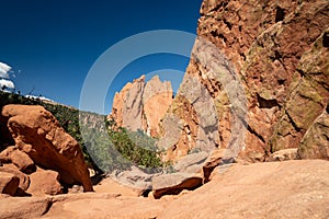 Red rock formations in Garden of the Gods park, located in Colorado Springs, CO