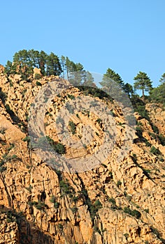 Red rock of mountains in the area called Calanques of Piana in C