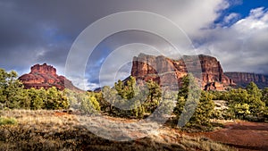 Red Rock Mountains named Bell Rock, on the left, and Courthouse Butte, on the right, near the city of Sedona