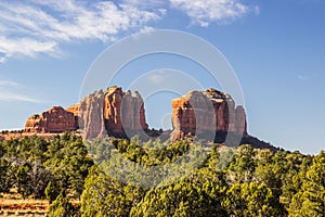 Red Rock Outcroppings Above Tree Line In Arizona Desert