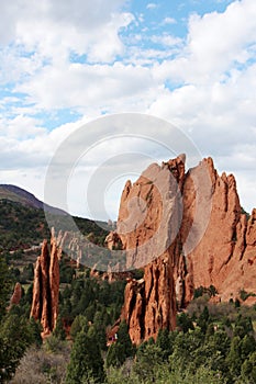 Red Rock Pinnacles among pine trees in the mountains of Colorado at Garden of the Gods