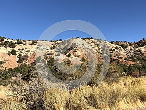 Red rock rock and limestone hills hills with pine tress, brush under brilliant blue skies. Cedar City, Southern Utah