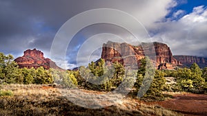 The red rock sandstone mountains of Bell Rock, Munds Mountain and Courthouse Butte near Sedona