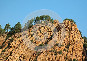 red rock and some trees on the mountains with blue sky